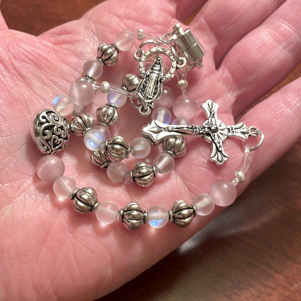 One Decade Car Rosary- Silver and Glass Beads NWT